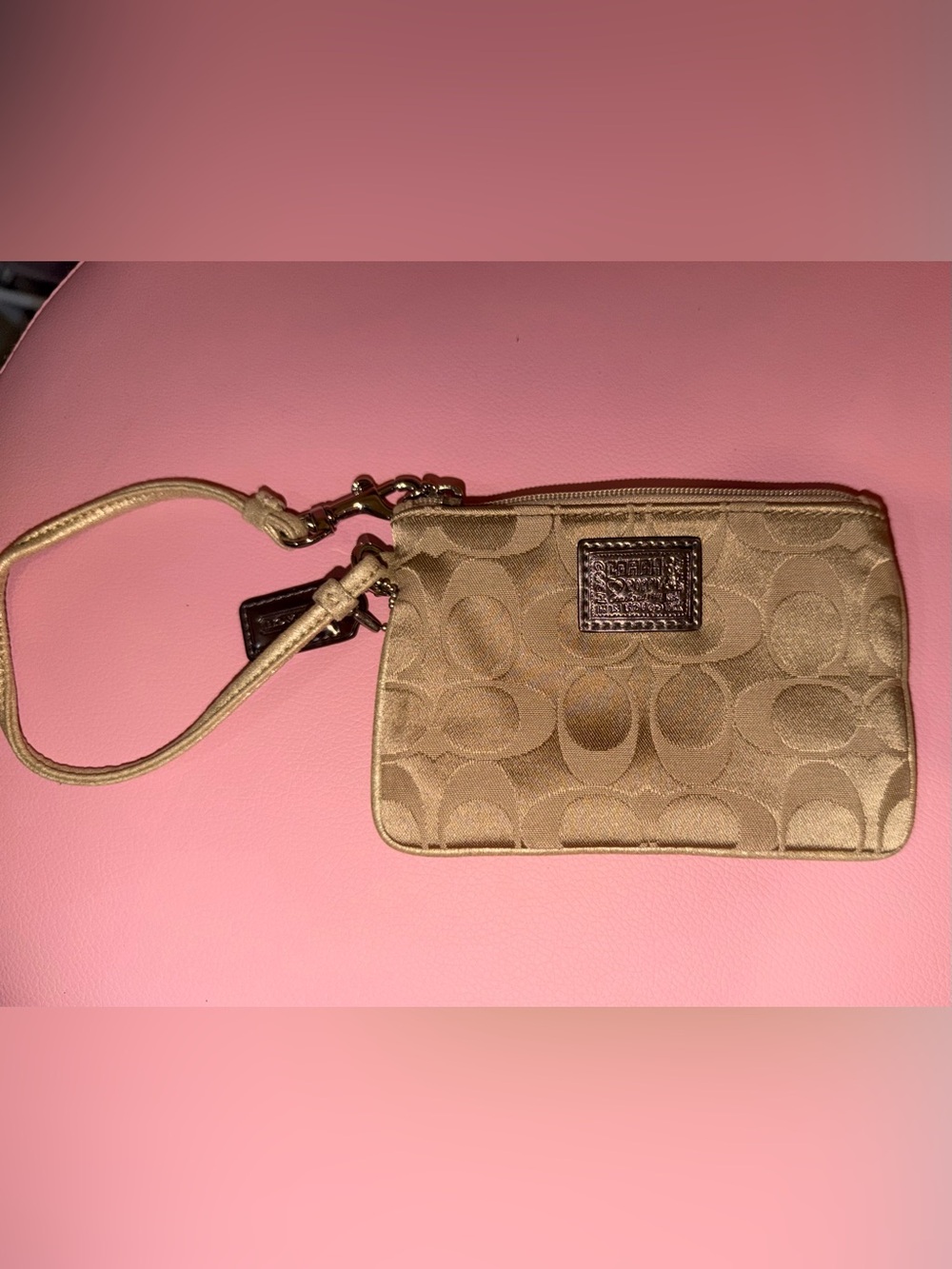 Coach Poppy Metallic Gold Signature Wristlet with Logo Tag